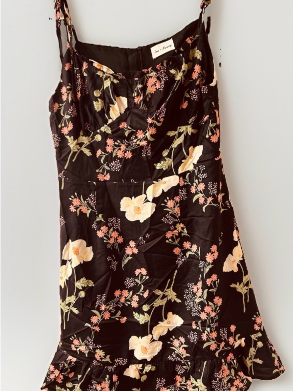 Love +Harmony Black Floral Tie-Strap Ruffle Mini Dress Sz S cottagecore Western